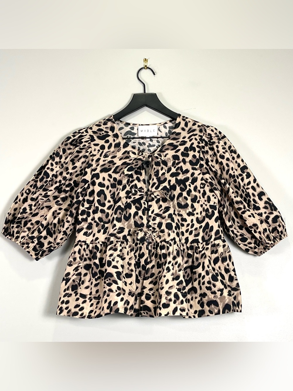 ANTHROPOLOGIE MABLE Tan Black Animal Print Peplum Hem Top Tie Puffy Sleeve Small
